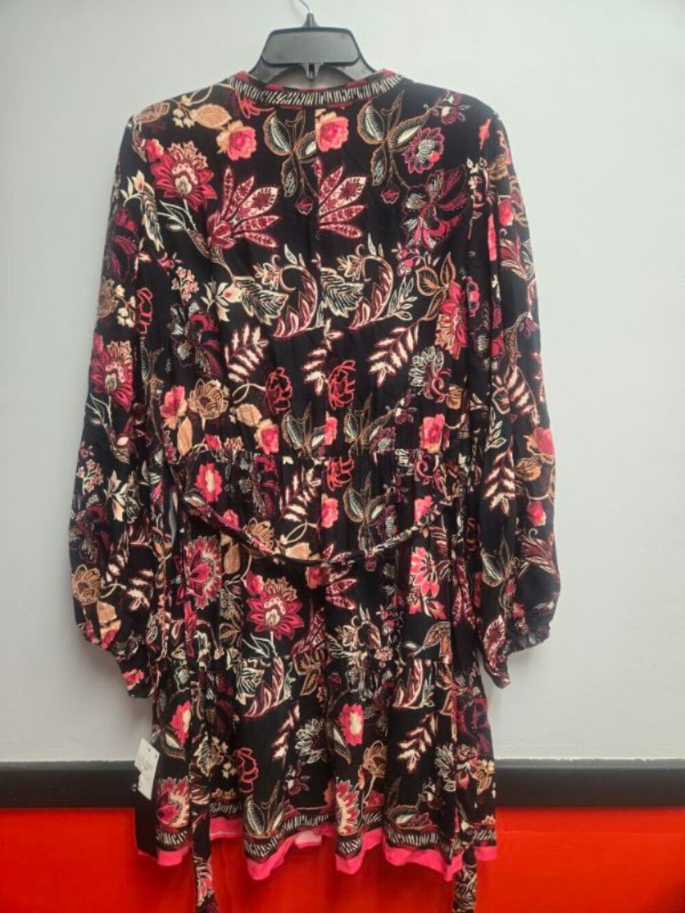 Adrianna Papell Dress 12 Black Pink Floral A-Line Midi Belted V-Neck Long Sleeve - Picture 5 of 11